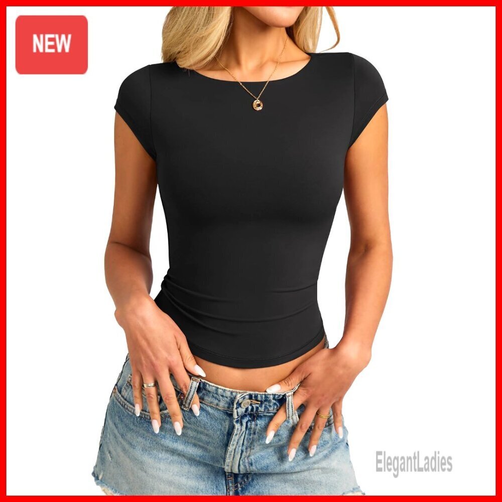 Double Lined Cap Sleeve Boat Neck Slim Fit T-Shirt Y2K Going Out Top